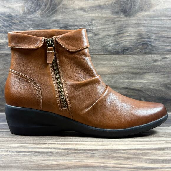 NEW Unstructured by Clarks 9.5M Rosely Zip Dark Tan Leather Ruched Ankle Boots - Picture 7 of 12